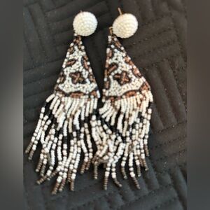 Beaded Fringe Earrings in Black and White